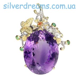 Подвес серебро натуральный аметист + изумруд