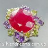 Перстень серебро натуральный рубин + аметист + хризолит