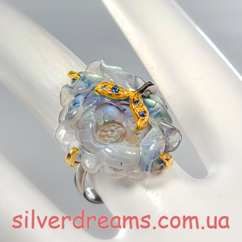 HANDMADE! Серебряный перстень Цветок из 34-каратного резного лабрадора р.18,5 — изображение 3