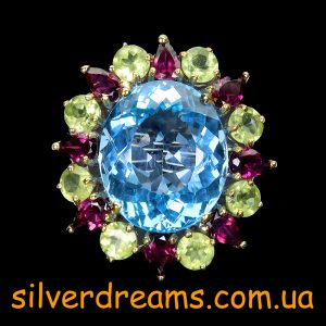 Перстень серебро натуральный голубой топаз + родолит + хризолит