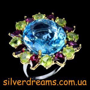 Кольцо серебро природный голубой топаз + родолит + хризолит