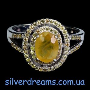 Кольцо серебро природный жёлтый сапфир + шампань-сапфир