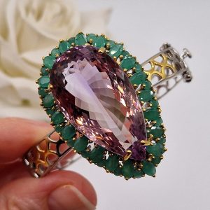 Браслет серебро природный аметрин + изумруд