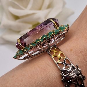 Браслет серебро натуральный аметрин + изумруд