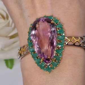 Браслет серебро природный аметрин + изумруд