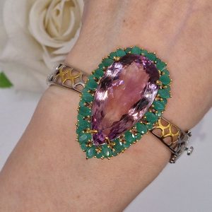 Браслет серебро натуральный аметрин + изумруд