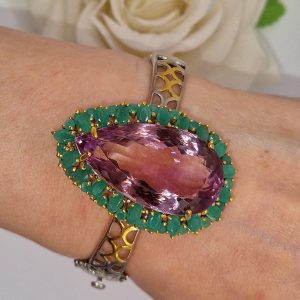 Браслет серебро натуральный аметрин + изумруд