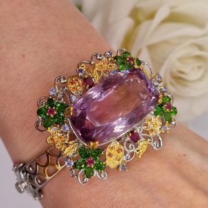 Браслет серебро природный аметрин + диопсид + танзанит + родолит