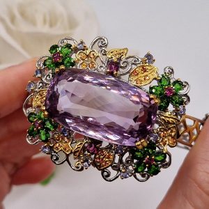 Браслет серебро природный аметрин + диопсид + танзанит + родолит