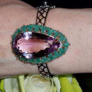 Браслет серебро натуральный аметрин + изумруд