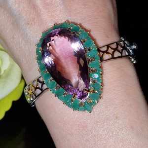 Браслет серебро природный аметрин + изумруд