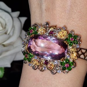 Браслет серебро природный аметрин + диопсид + танзанит + родолит