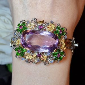 Браслет серебро природный аметрин + диопсид + танзанит + родолит