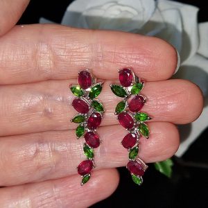 Серьги серебро натуральный рубин + диопсид