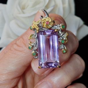 Подвес серебро натуральный аметист + изумруд