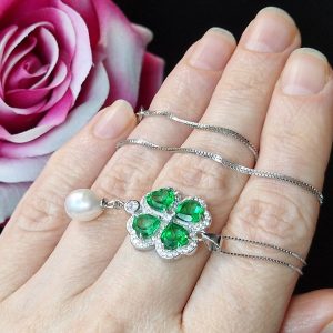 Цепочка + кулон серебро природный зелёный топаз + жемчуг