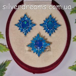 Набор серьги + кольцо серебро природный голубой опал