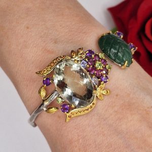 Браслет серебро природный зелёный аметист (празиолит) + авантюрин + мульти