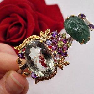 Браслет серебро природный зелёный аметист (празиолит) + авантюрин + мульти