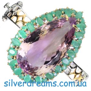 Браслет серебро природный аметрин + изумруд