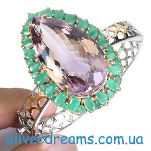 Браслет серебро натуральный аметрин + изумруд