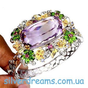 Браслет серебро натуральный аметрин + хромдиопсид + родолит + танзанит