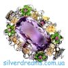 Браслет серебро природный аметрин + хромдиопсид + родолит + танзанит
