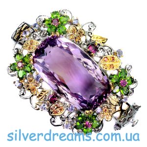 Браслет серебро природный аметрин + хромдиопсид + родолит + танзанит