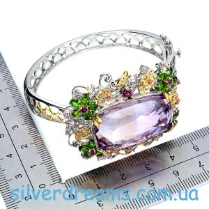 Браслет серебро натуральный аметрин + хромдиопсид + родолит + танзанит