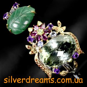 Браслет серебро природный зелёный аметист (празиолит) + авантюрин + мульти