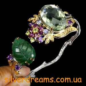 Браслет серебро натуральный празиолит + авантюрин + мульти