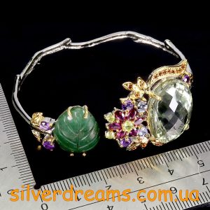 Браслет серебро натуральный празиолит + авантюрин + мульти