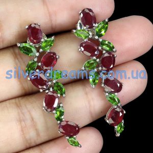 Серьги серебро натуральный рубин + диопсид
