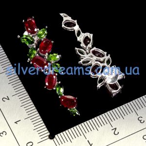 Серьги серебро натуральный рубин + диопсид