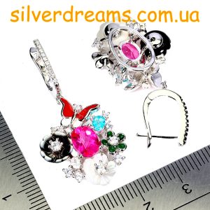 Серьги серебро натуральный топаз + перламутр + эмаль