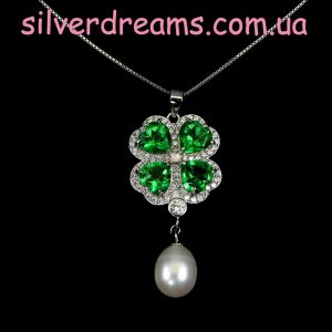 Цепочка + кулон серебро природный зелёный топаз и жемчуг