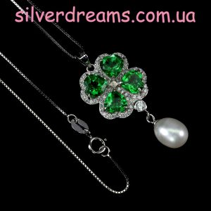 Подвес + цепочка серебро натуральный зелёный топаз и жемчуг