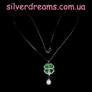 Подвес + цепь серебро натуральный зелёный топаз + жемчуг