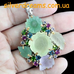 Подвес серебро натуральный лимонный кварц + аметист + авантюрин + мульти