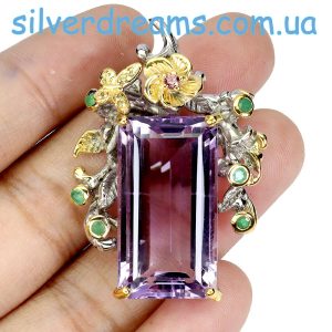Кулон серебро природный аметист + изумруд