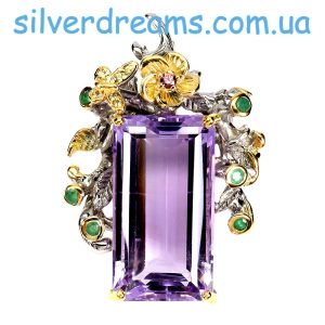 Подвес серебро натуральный аметист и изумруд