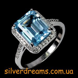 Кольцо серебро натуральный голубой топаз