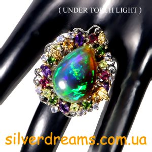 Кольцо серебро природный радужный чёрный опал + мульти