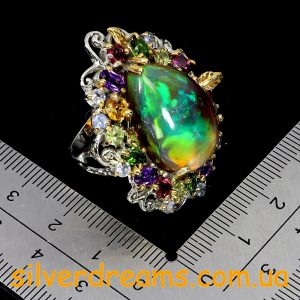 Alternative view of HANDMADE! Коктейльное кольцо из серебра с 30-каратным радужным опалом в мультикамнях р.17,5-18