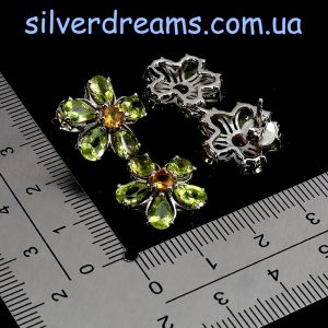 Серьги серебро природный хризолит + цитрин