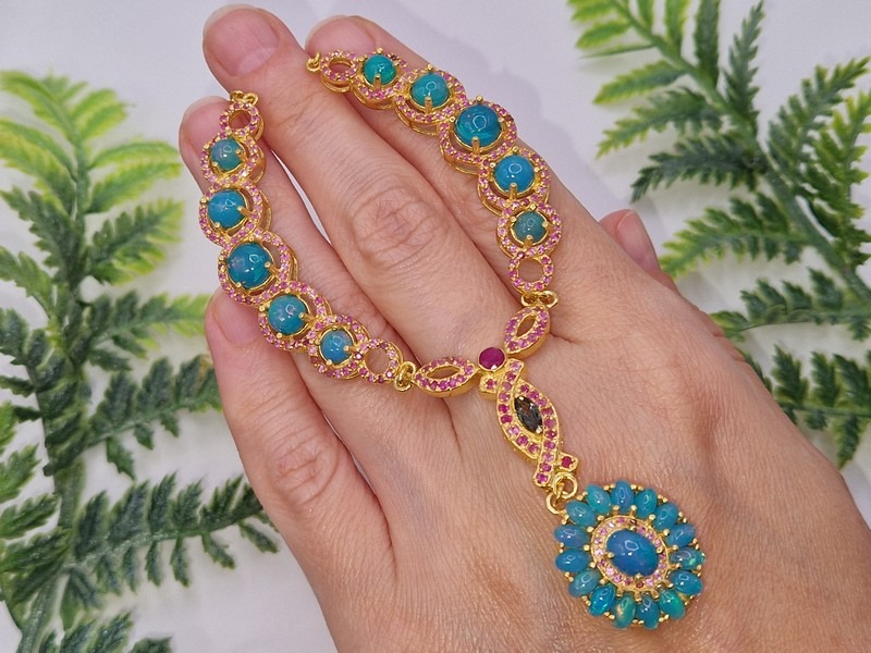 Колье серебро природный голубой опал + турмалин + рубин