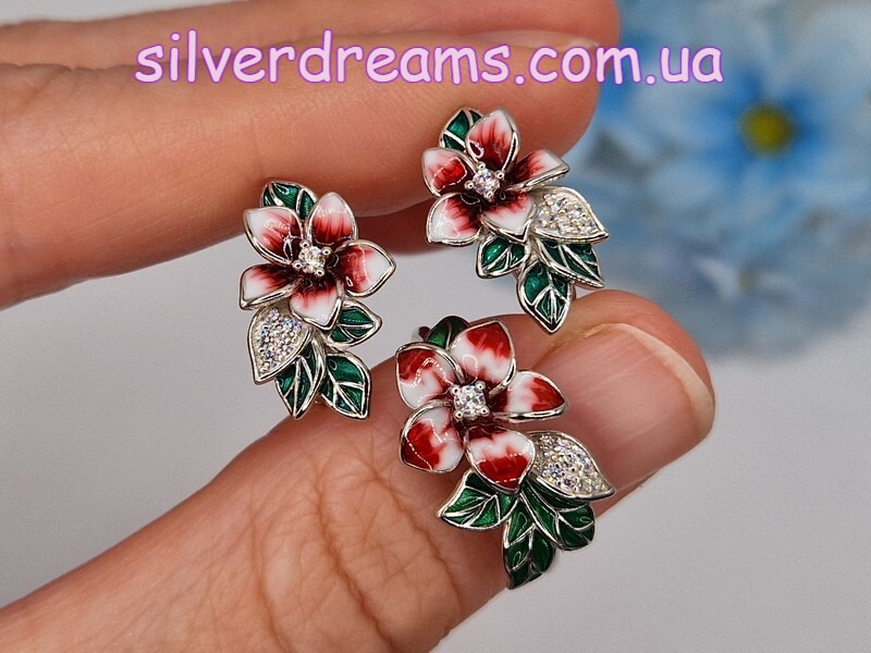 Серебряный гарнитур (серьги+кольцо) Орхидеи с цветной эмалью