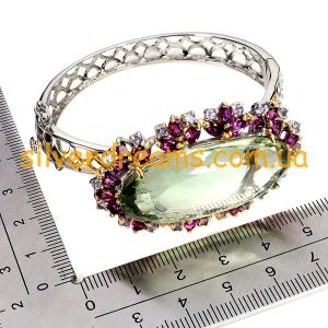 Alternative view of HANDMADE! Серебряный браслет/обруч с 63-каратным празиолитом в родолитах и танзанитах
