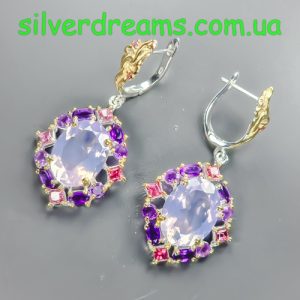 Серьги серебро натуральный лавандовый кварц + аметист + родолит