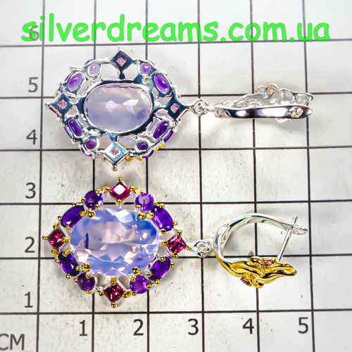 HANDMADE! Серебряные серьги Лавандовый Кварц 30 кт + Аметист + Родолит — изображение 3